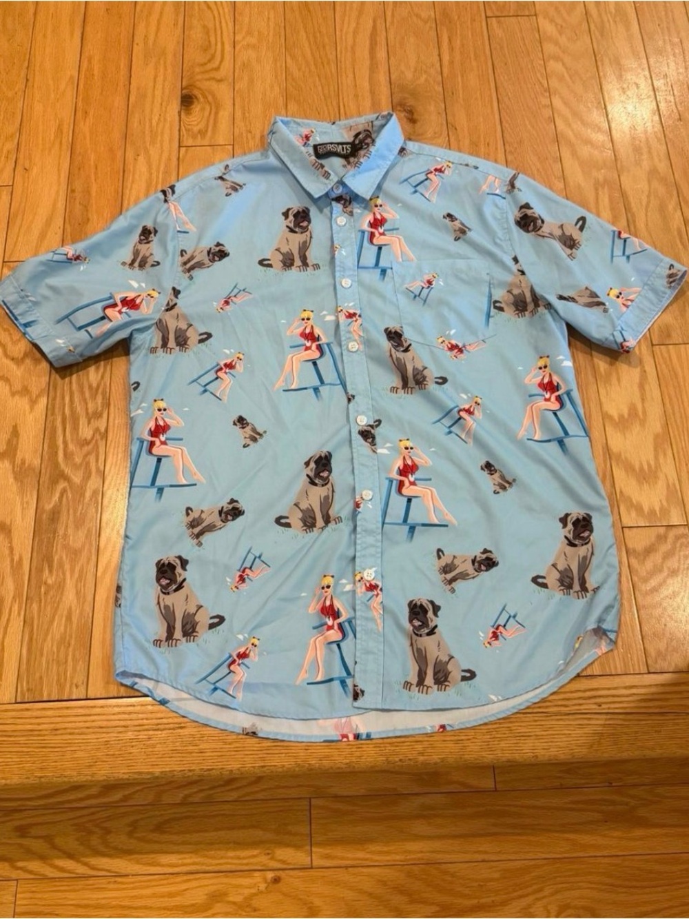 RSVLTS Sandlot Light Blue Short-Sleeve Button-Up with Pug & Lifeguard Print